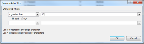 Custom AutoFilter dialog box screen shot Custom AutoFilter dialog box screen shot