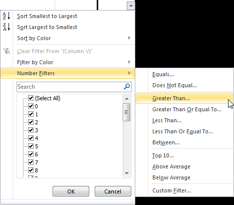 Number Filters menu Greater Than option screen shot Number Filters menu Greater Than option screen shot