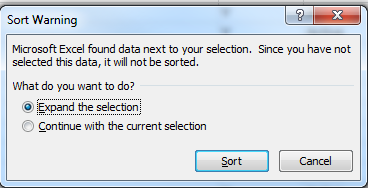 Sort Warning dialog box screen shot Sort Warning dialog box screen shot