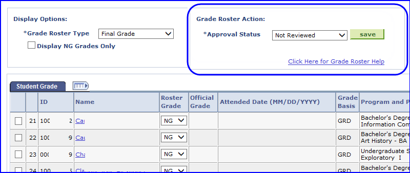 Grade Roster Action box Grade Roster Action box