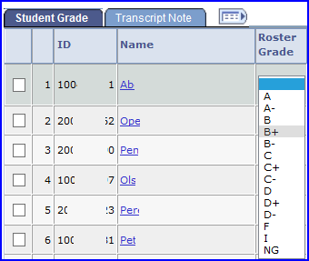 Roster Grade drop down expanded screen shot Roster Grade drop down expanded screen shot