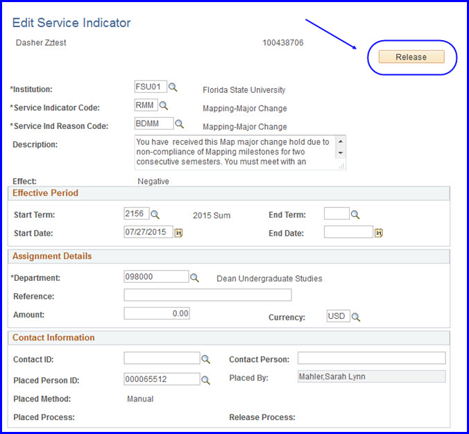Edit Service Indicator page