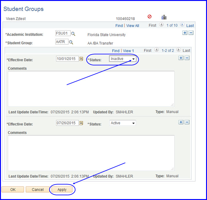 Status drop down set to inactive Status drop down set to inactive