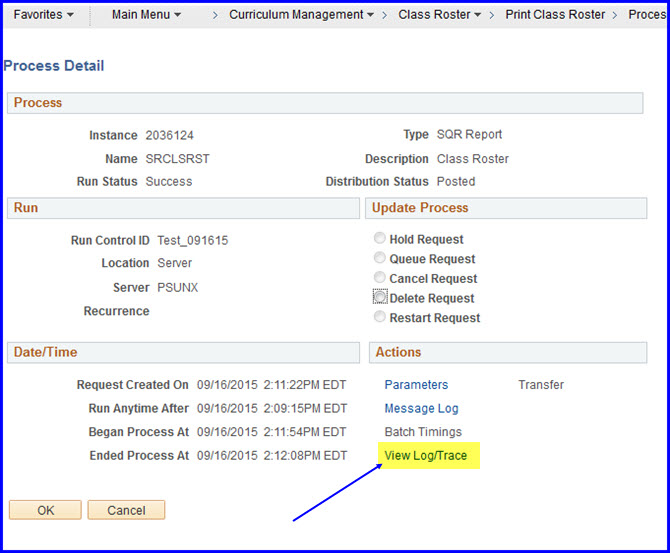 View Log Trace link View Log Trace link
