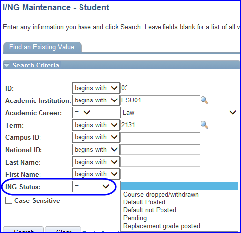 I/NG Status drop down screen shot I/NG Status drop down screen shot