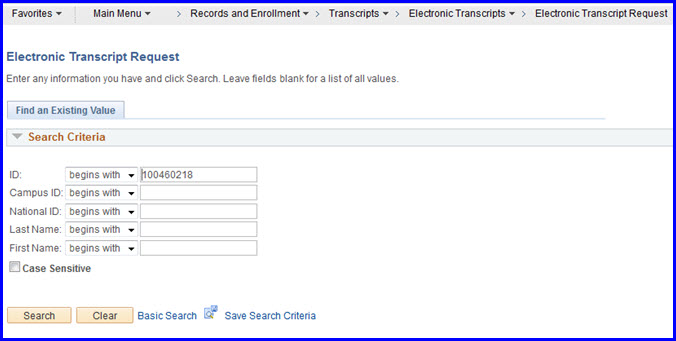 Electronic Transcript Request page Electronic Transcript Request page