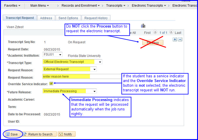 Transcript Request tab Transcript Request tab