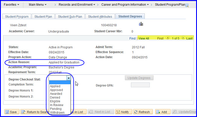 Student Degrees tab selections Student Degrees tab selections