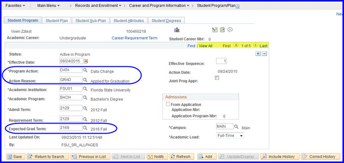 Student Program tab selections Student Program tab selections
