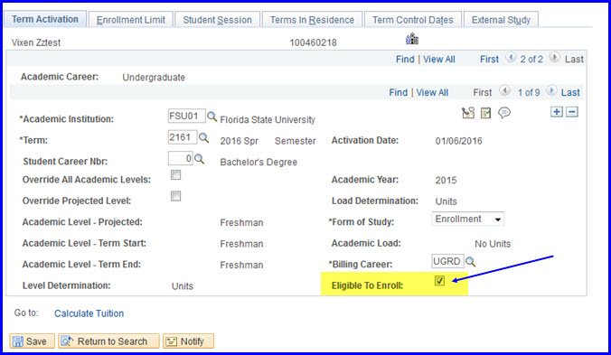 Eligible to Enroll check box Eligible to Enroll check box