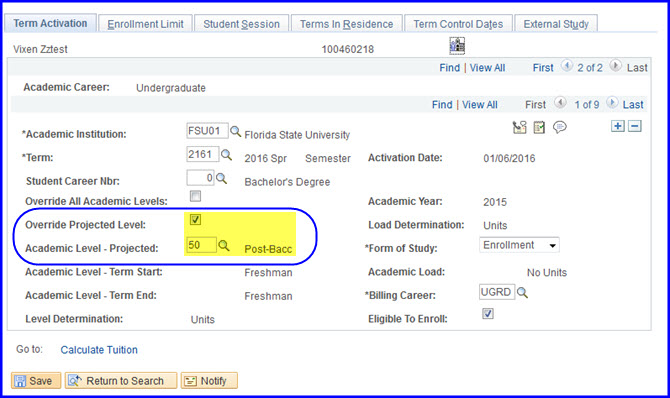 Override Projected Level and Academic Level Projected inputs Override Projected Level and Academic Level Projected inputs
