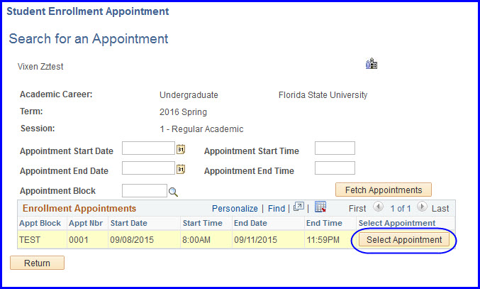 Select Appointment button Select Appointment button