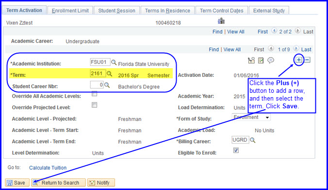 Term Activation tab, add row, term, save Term Activation tab, add row, term, save