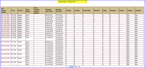 Class Sections Meetings Times view Report screen shot Class Sections Meetings Times view Report screen shot
