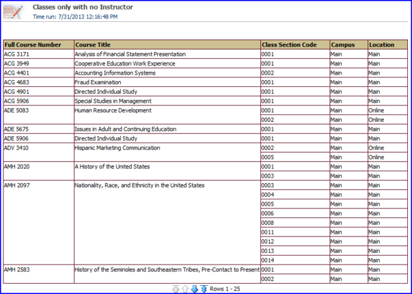 Classes only with no Instructor screen shot Classes only with no Instructor screen shot