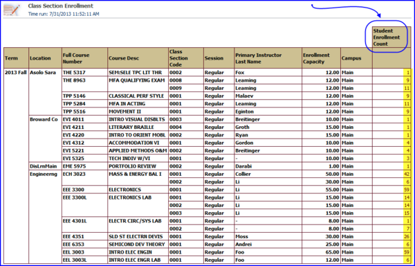 Detailed View - Student Enrollment Count screen shot Detailed View - Student Enrollment Count screen shot