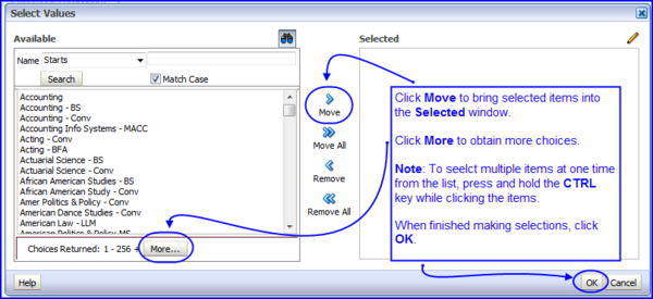 Select Values dialog box screen shot Select Values dialog box screen shot