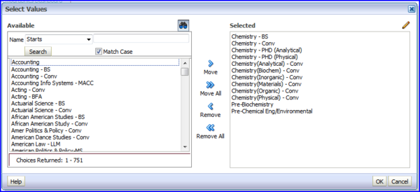 Select Values with Chemistry values screen shot Select Values with Chemistry values screen shot