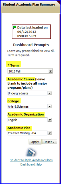 Dashboard with values selected screen shot Dashboard with values selected screen shot