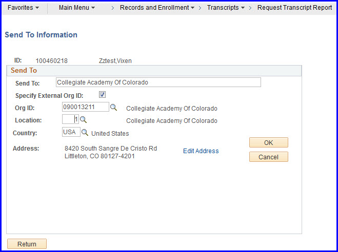 Send To Information page populated Send To Information page populated