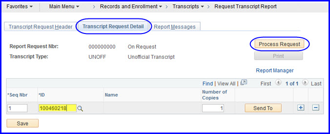 Transcript Request Detail tab Transcript Request Detail tab
