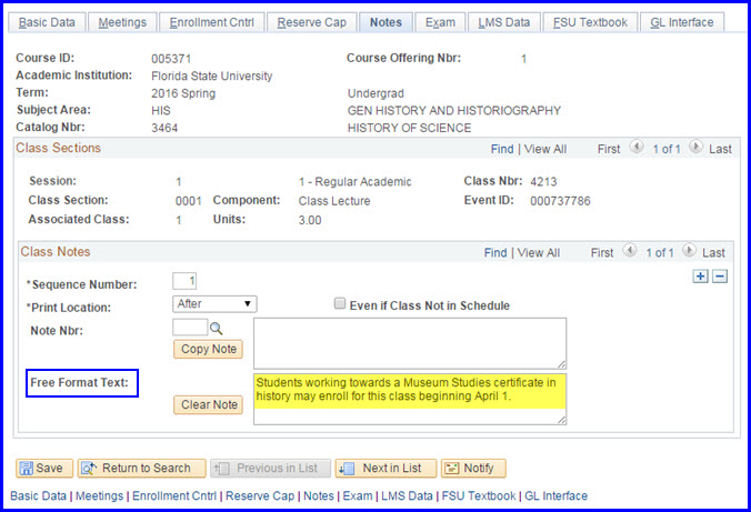 Create Notes in Curriculum Management | myFSU Student Central