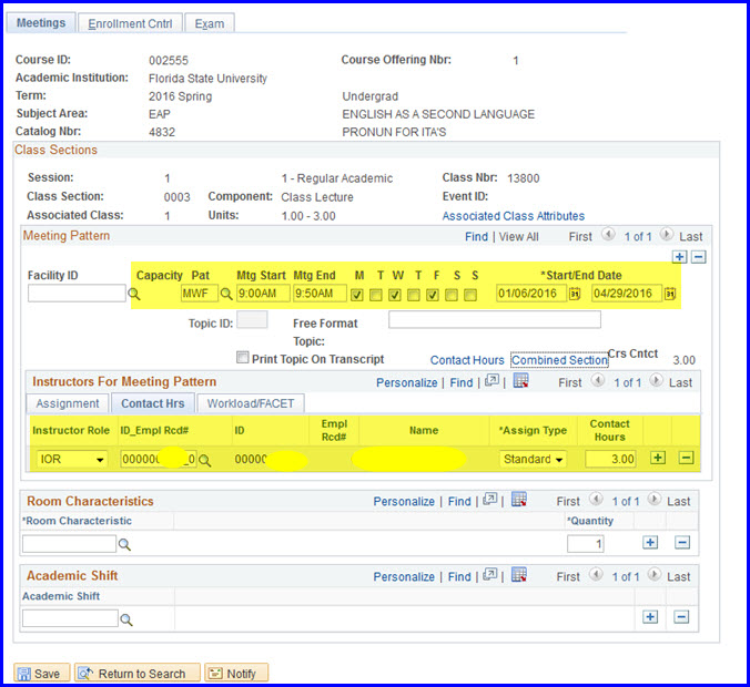 Schedule Class Meetings interface Schedule Class Meetings interface