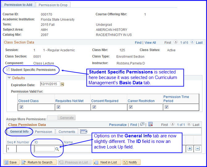 Student Specific Permissions check box and General Info tab ID field